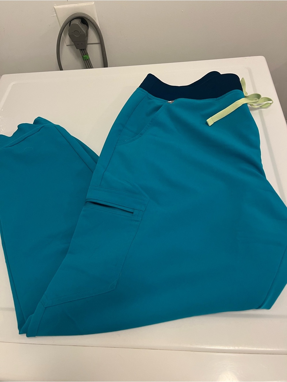 Figs Teal Jogger Scrub Pants with Navy Waistband and Lime Drawstring